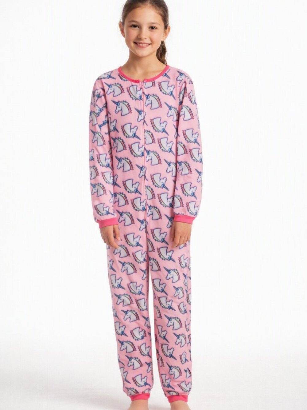 Arizona Jean Co Girls One Piece Pajama Suit Pink Unicorn Fleece Zip Large 14